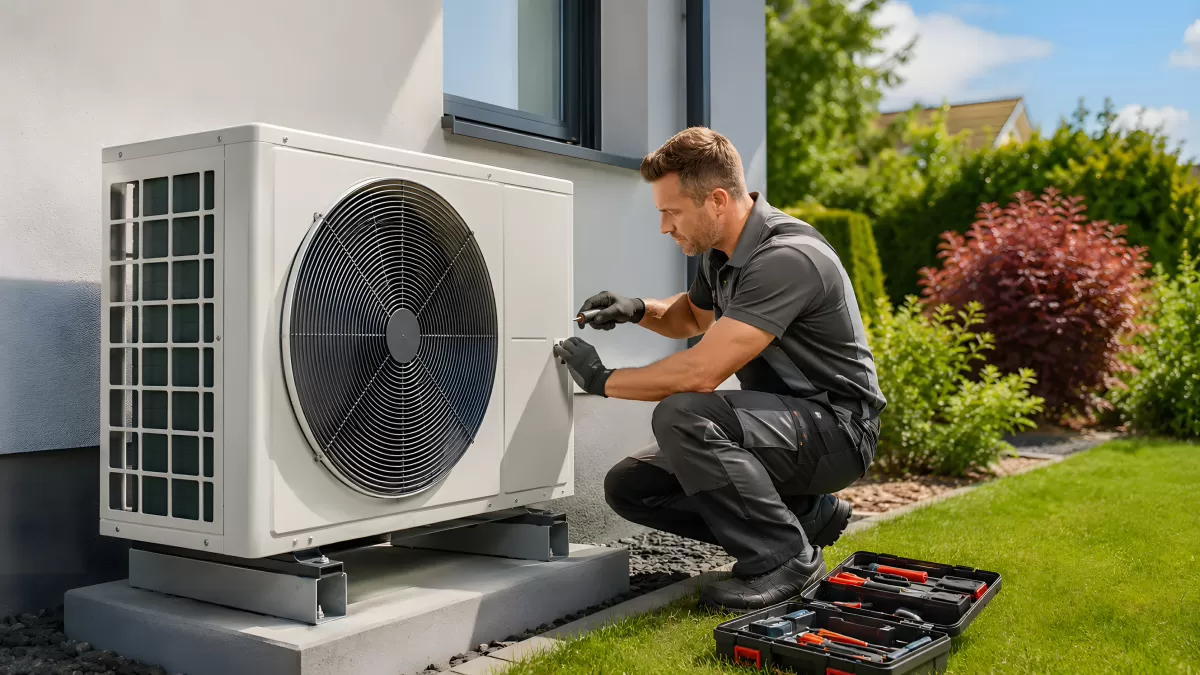 Servicetechniker wartet Wärmepumpe am Haus