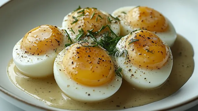 Servierte Eier in Estragonsauce auf Platte