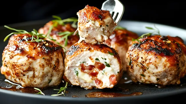 Servierte Hähnchen-Roulade mit Kräutern und Sauce