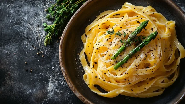 Servierte Pasta mit grünem Spargel und Parmesan
