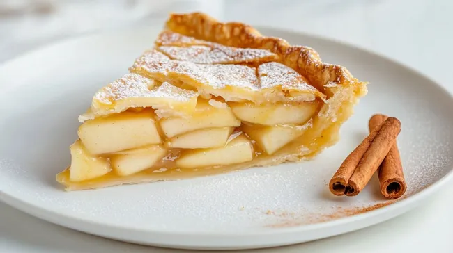 Servierter Apfelkuchen mit Zimtstangen