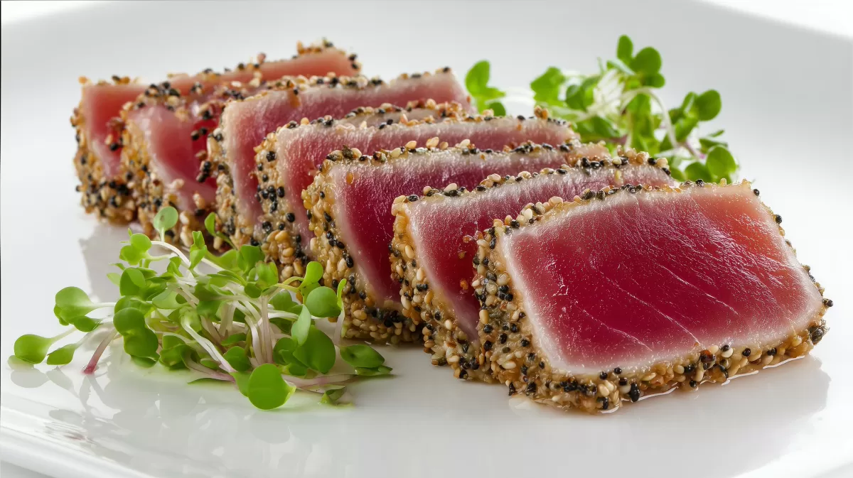 Sesam Thunfisch mit Wasabi Mayo photorealistisch angerichtet