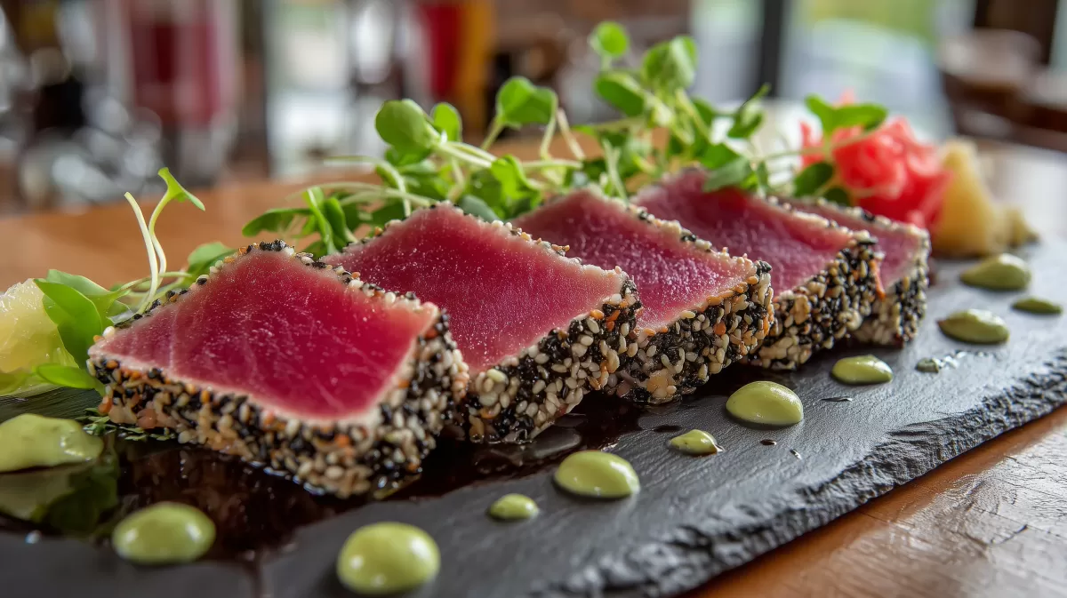 Sesam Thunfisch mit Wasabi Mayo photorealistisch serviert
