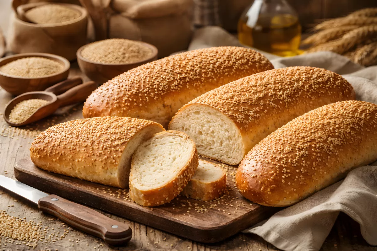 Sesambrot-Laibe frisch gebacken auf Holzbrett