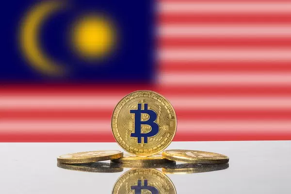 Set aus vier goldenen Bitcoin-Münzen vor der Flagge des Staates Malaysia