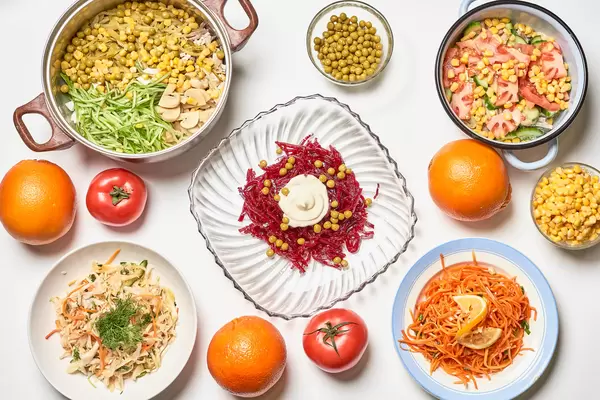 Set of different delicious salads with vegetables