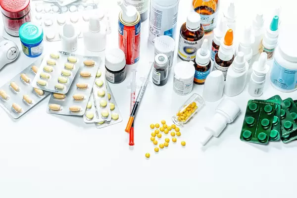 Set of different Drugs, pills, drugs and syringes on a white background (Flip 2019)