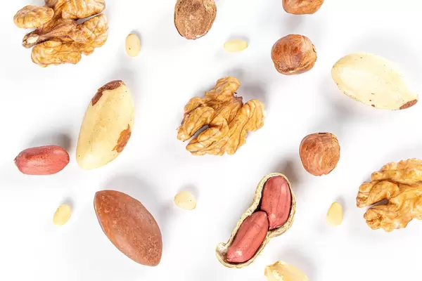Set of different nuts on a white background