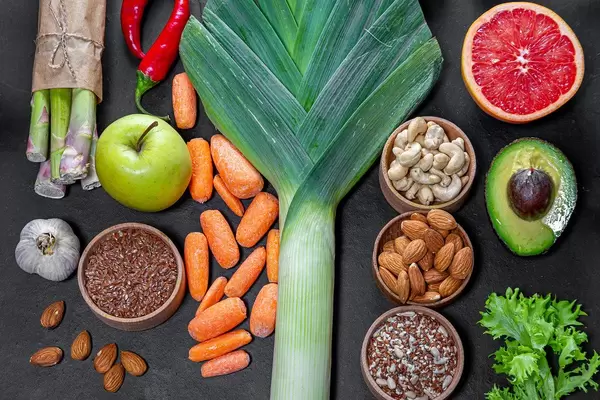 Set of products for healthy food on black background. Top view (Flip 2019)