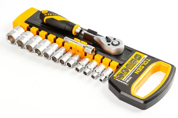 Set of ratchet spanner on white background