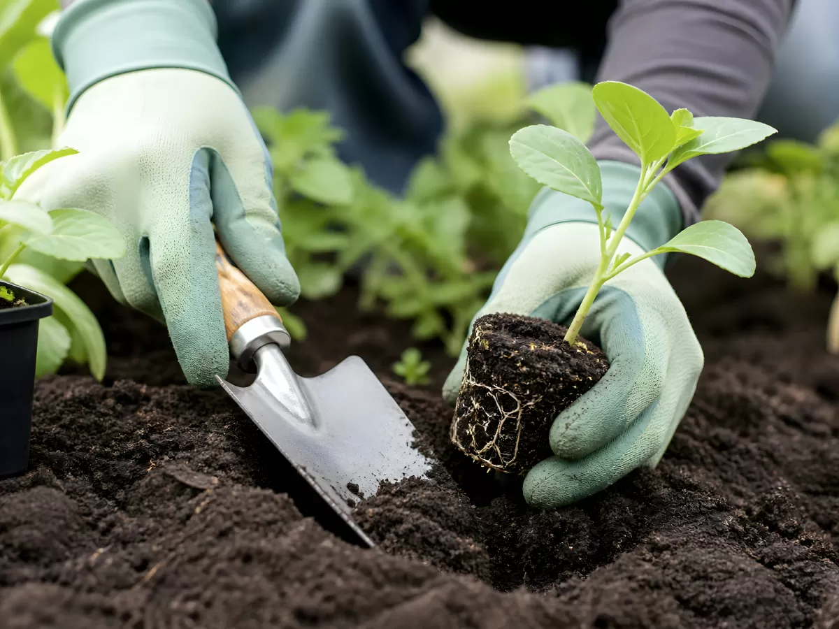 Setzling einpflanzen mit Gartenwerkzeug im Beet