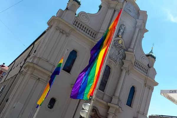 Several rainbow flags throughout the city promote tolerance towards transgenders, lesbians, gays & bisexuals during CSD demonstration day in Munich