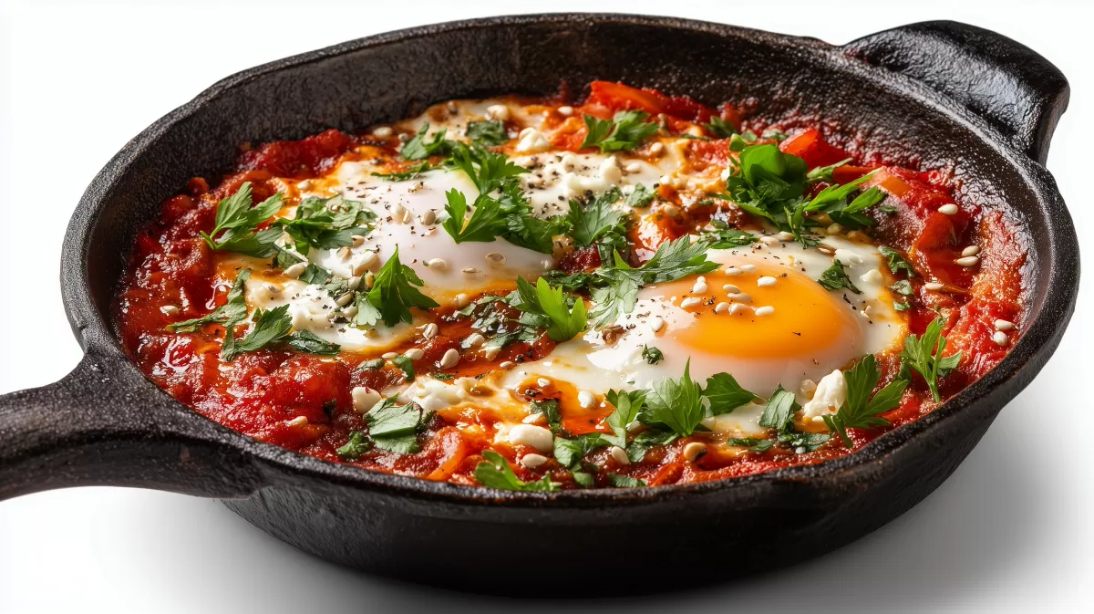 Shakshuka in gusseiserner Pfanne mit Kräutern