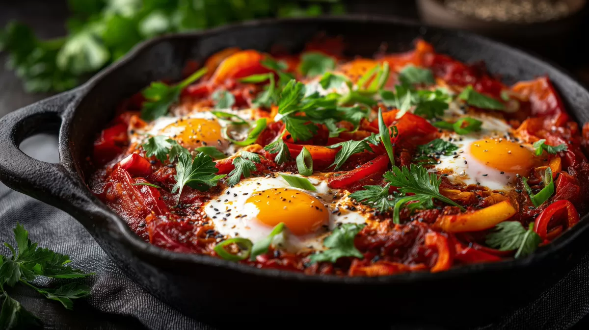 Shakshuka in gusseiserner Pfanne mit Paprika