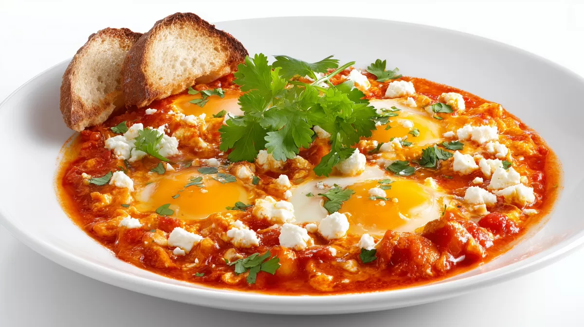Shakshuka mit Feta und Koriander auf weißem Teller