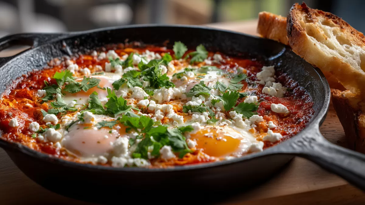 Shakshuka mit Feta und Kräutern in Gusseisenpfanne
