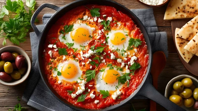 Shakshuka with eggs tomato sauce parsley and feta served in pan