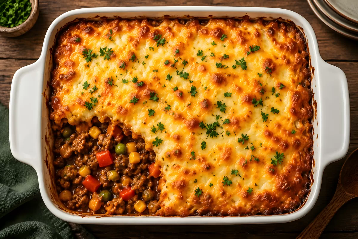 Shepherd's Pie mit Käsekruste frisch aus dem Ofen