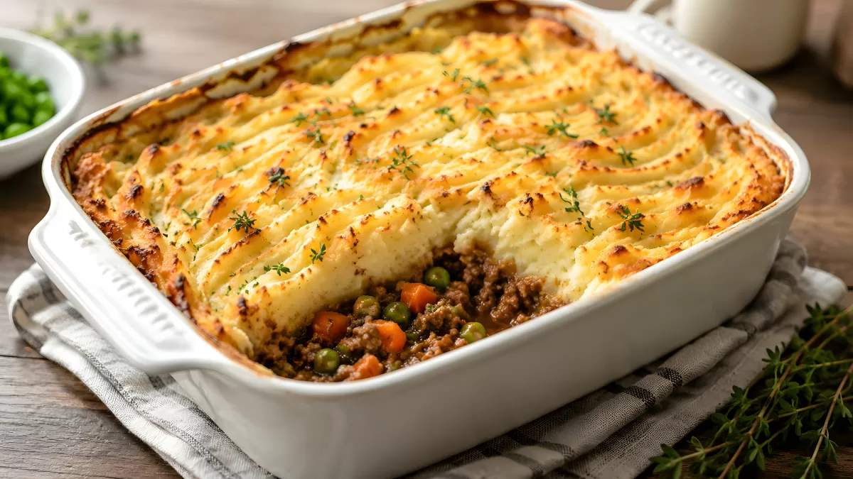 Shepherd's Pie mit Kartoffelpüree-Kruste aus dem Ofen
