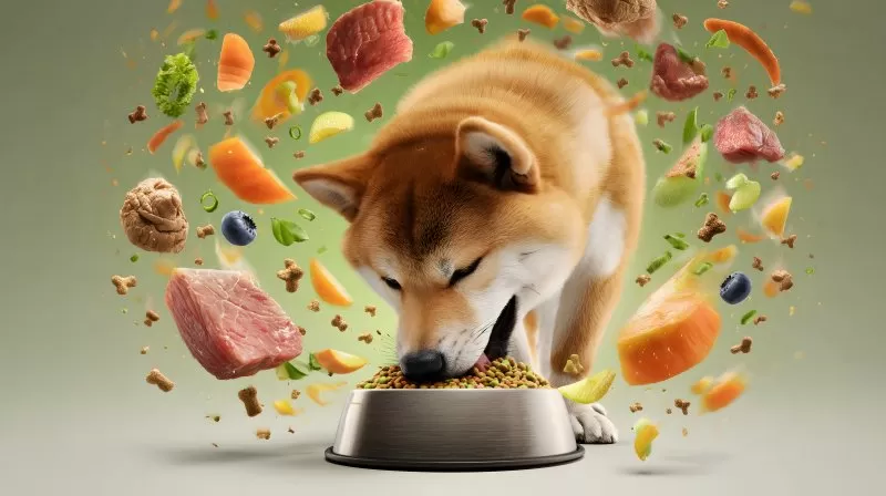 Shiba Inu frisst Trockenfutter mit schwebenden Zutaten