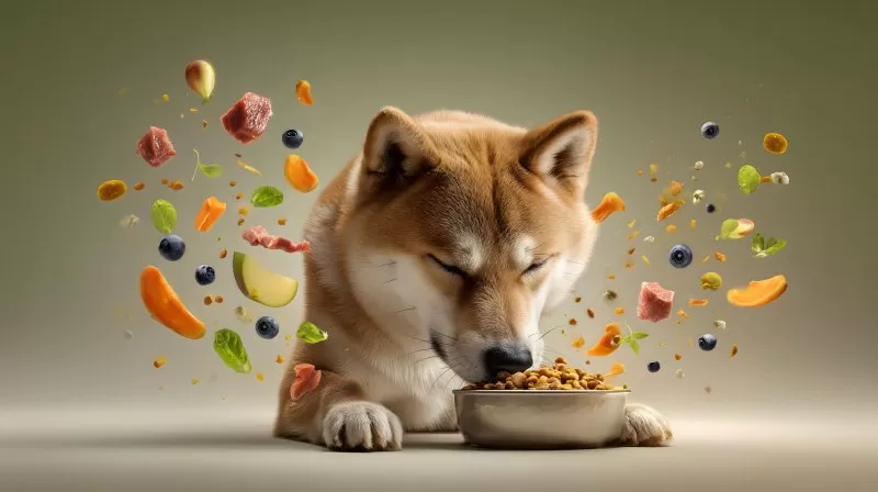 Shiba Inu genießt sein Futter mit geschlossenen Augen