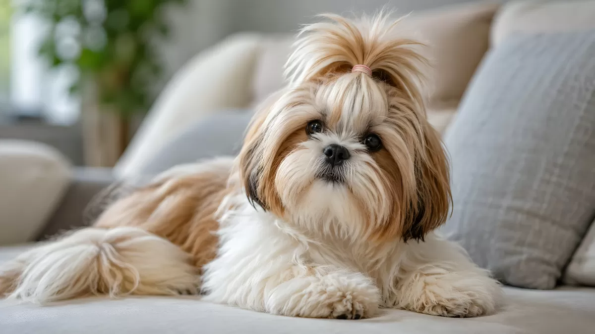 Shih Tzu liegt entspannt auf hellem Sofa