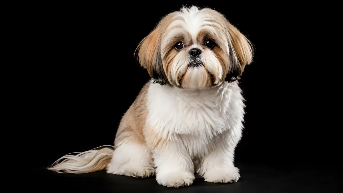 Shih Tzu Welpe sitzt vor schwarzem Hintergrund