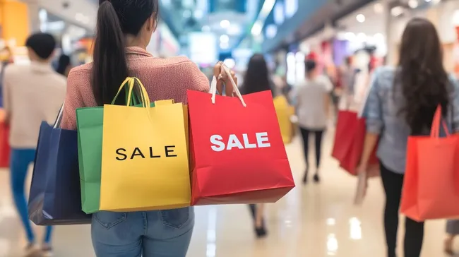 Shopper mit Schnäppchen-Tüten in Einkaufspassage
