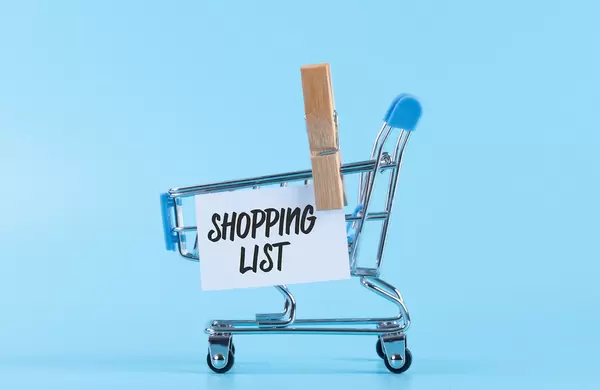 Shopping cart with a note with Shopping List text