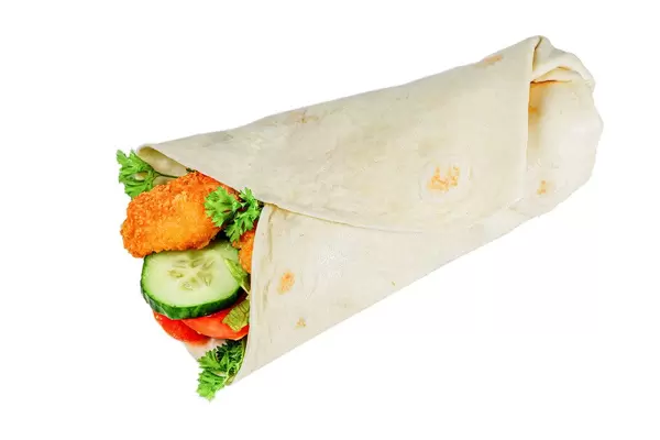 Shrimp roll with on white background, top view