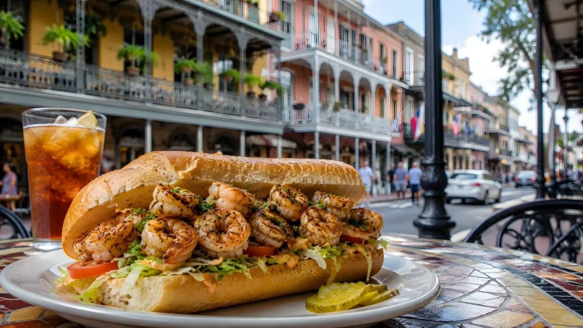 Shrimps-Po-Boy auf Teller vor bunten Häusern New Orleans