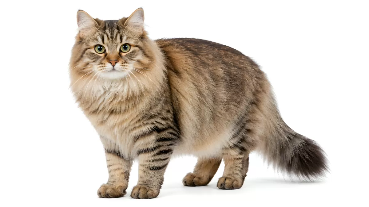 Sibirische Katze mit Streifenmuster auf weißem Grund
