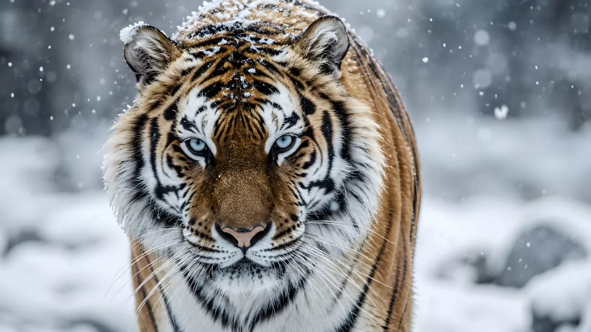 Sibirischer Tiger im Schneegestöber – Nahaufnahme