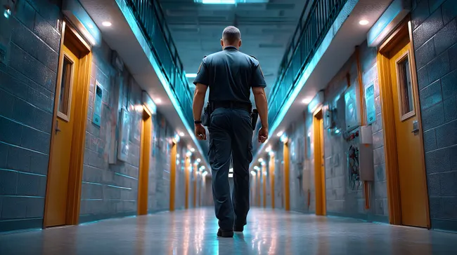 Sicherheitskraft kontrolliert Gefängniskorridor mit Neonbeleuchtung