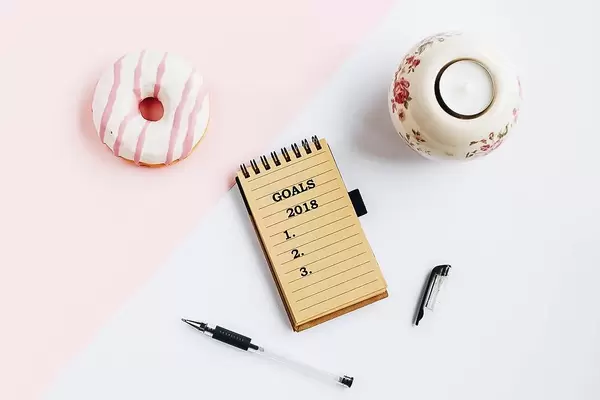 Sicht von oben auf kleinen Notizblock mit Vorsätzen