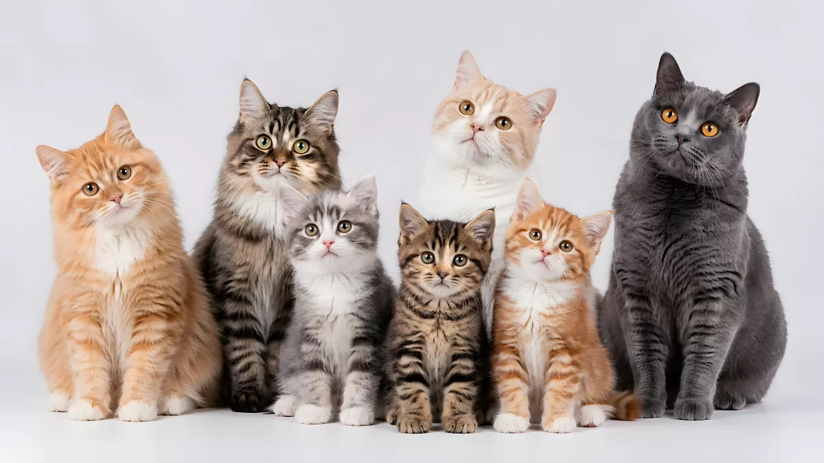 Sieben Katzen verschiedener Rassen in einer Reihe
