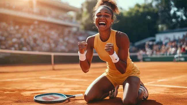 Siegreiche Tennisspielerin jubelt auf dem Sandplatz