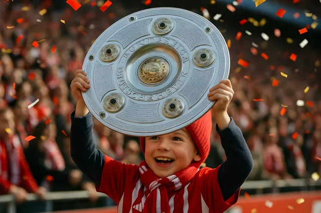 Siegreicher Fußballfan mit Bundesliga-Schale