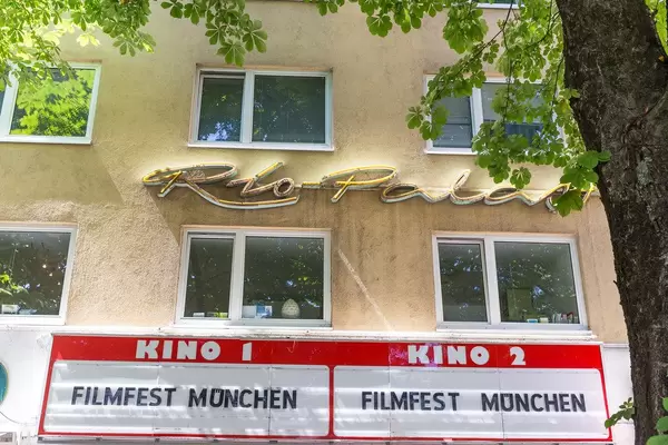 Sign advertises Munich Filmfestival at the wall of the cinema Rio Filmpalast