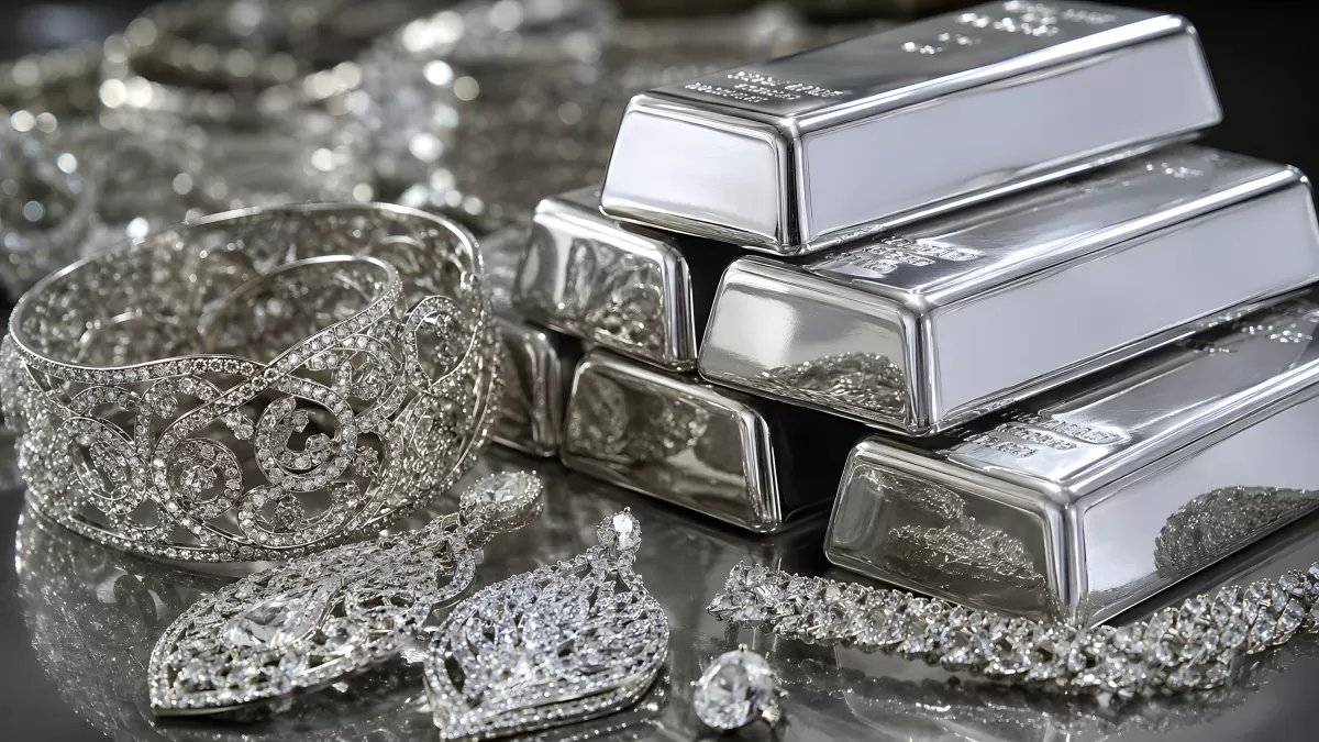 Silberbarren und funkelnder Diamantschmuck im Überblick