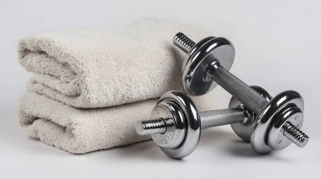 Silberne Hanteln und flauschige Handtücher für Fitness-Workouts
