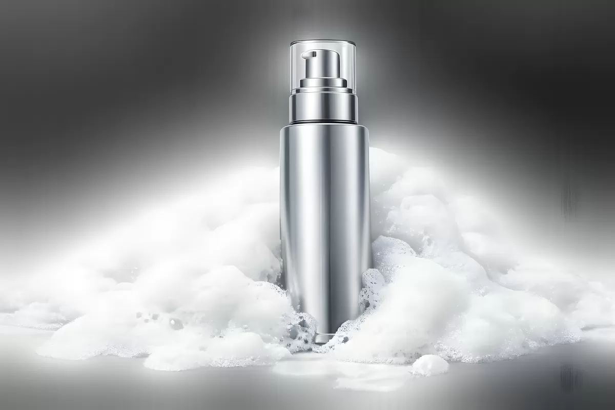 Silberne Pumpflasche in weißem Schaumbad