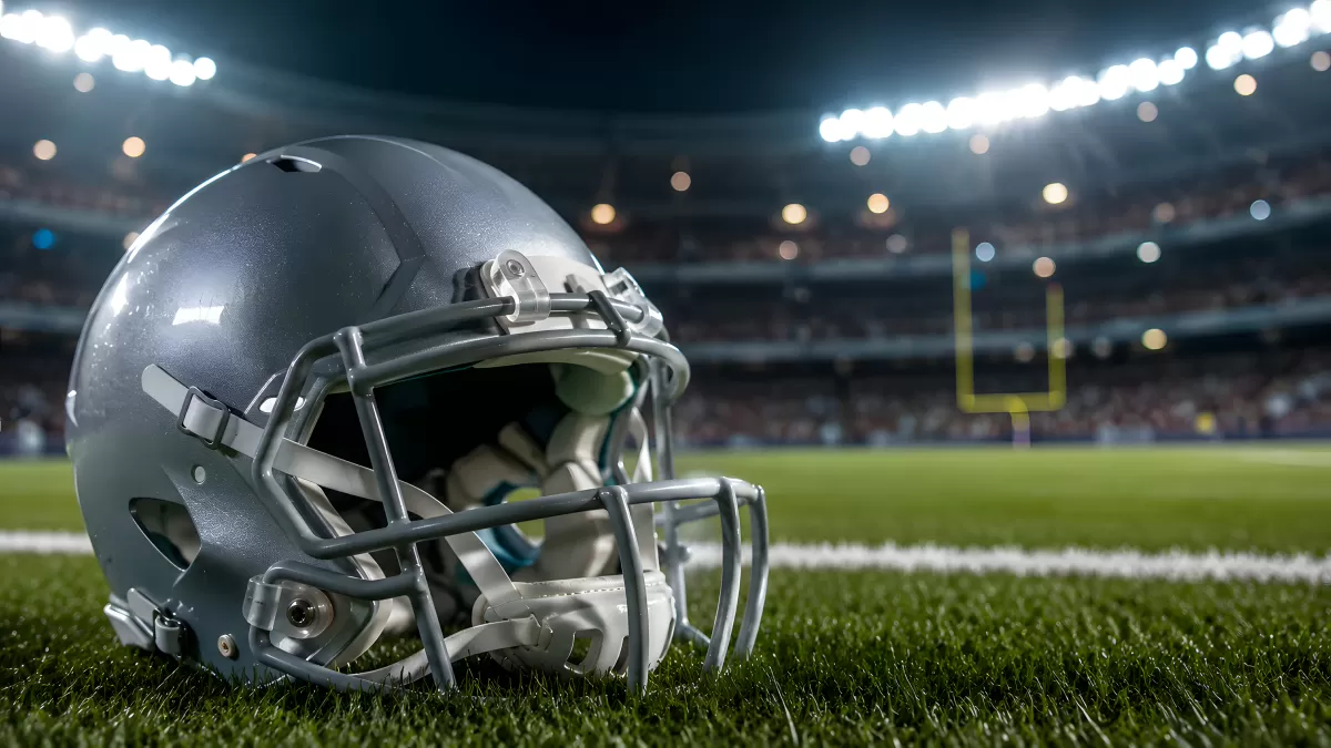 Silberner American-Football-Helm im beleuchteten Stadion