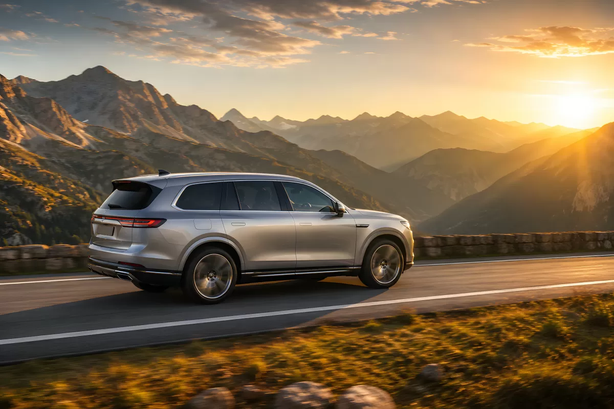 Silberner Luxus-SUV auf Bergstraße im Sonnenuntergang