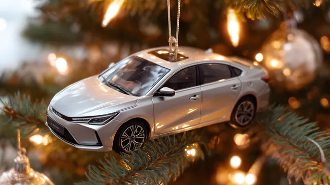 Silbernes Automodell als Weihnachtsschmuck vor stimmungsvoller Kulisse