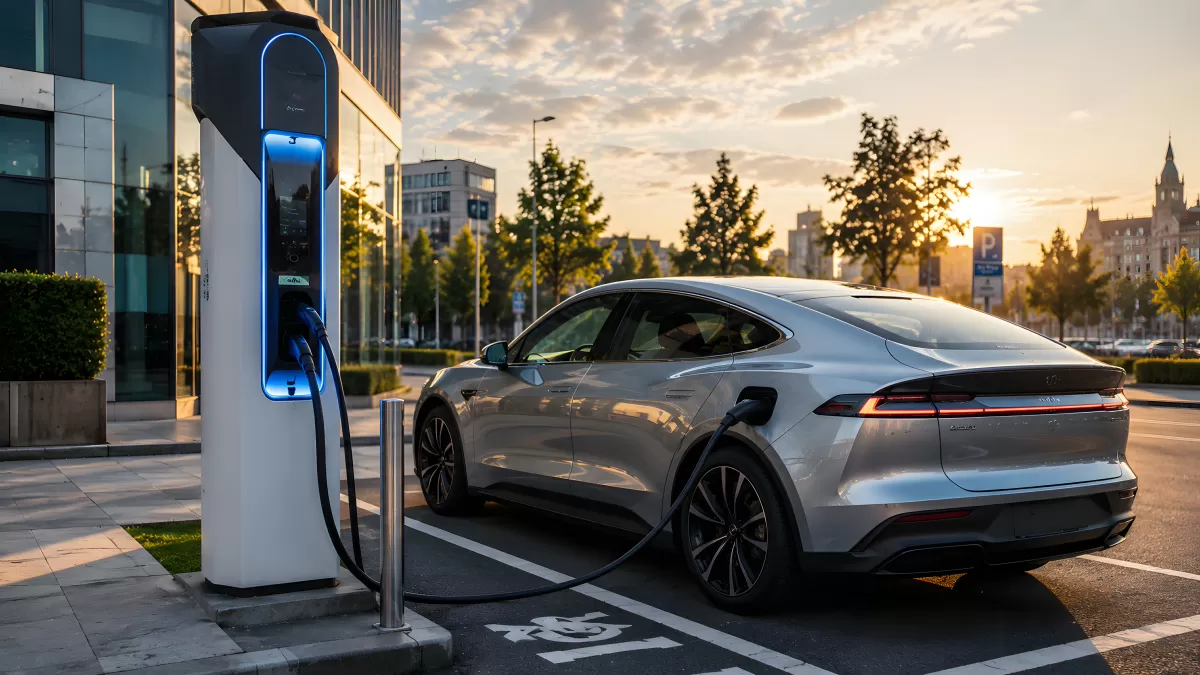Silbernes Elektroauto lädt an moderner Ladestation