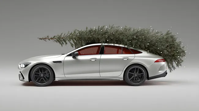 Silbernes Luxusauto mit Weihnachtsbaum auf dem Dach