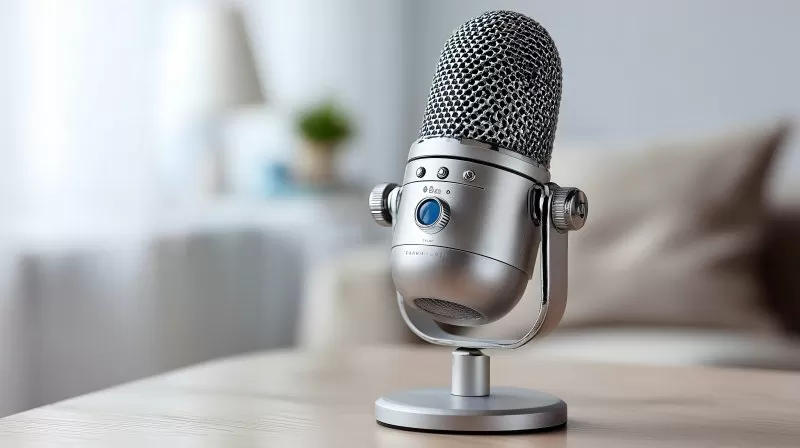 Silbernes Podcast Mikrofon auf Schreibtisch