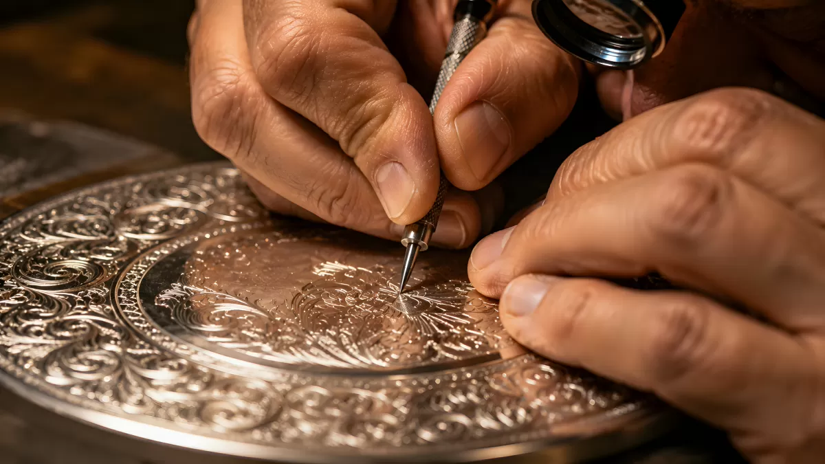 Silberplatte wird von Hand graviert – Kunsthandwerk