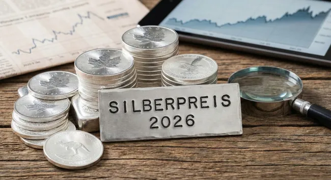 Silberpreis-Ausblick 2026: Münzen, Grafiken und Lupe auf Holztisch